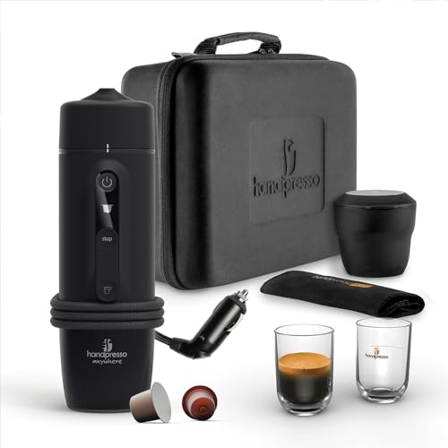 HANDPRESSO Auto Set Capsule - Cafetiere 12V ou 24V | Coffret avec Machine a cafe portable voiture ou camion pour capsules expresso NS avec valisette et tasses.